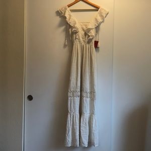 White/cream crepe maxi dress with lace detail